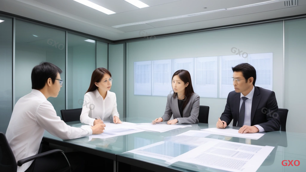 要件定義の不備がもたらすリスクの場面 Photo-realistic image of a Japanese business meeting scene with 3 people (2 men and 1 woman, ages 35-50) in a glass-walled conference room. They are reviewing documents and a whiteboard filled with system architecture diagrams. One person points at a missing section on the whiteboard with a concerned expression. Laptops and printed server specification sheets on the table. Bright office lighting, professional atmosphere conveying the importance of thorough requirements gathering.
