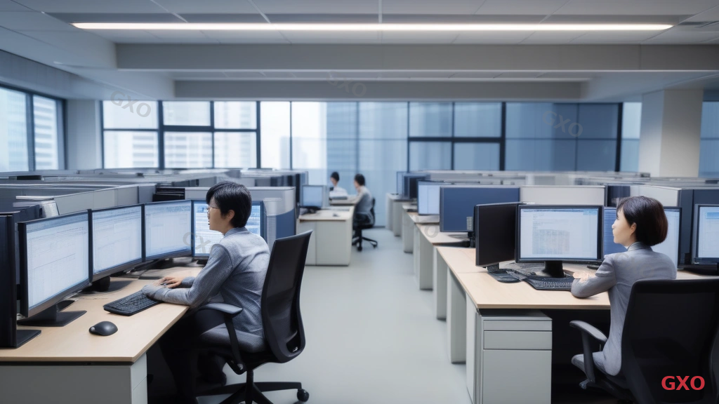 スキル不足と体制の課題を抱えるIT担当者 Photo-realistic image of a small Japanese IT team (2 people, male in his 30s and female in her 40s) in an open office space, looking overwhelmed at their desks. Multiple monitor screens show server management dashboards and terminal windows. Stack of technical manuals and migration documents on desk. One person has head in hands showing frustration. Natural office lighting from windows, conveying the challenge of managing complex server migration with limited team resources.