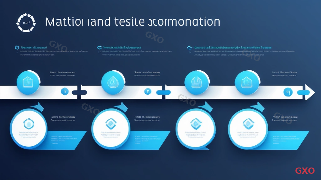 Professional infographic showing UTM deployment process as a horizontal timeline with 5 steps. Step 1: Requirements definition (document icon with checklist), Step 2: Product selection and vendor comparison (comparison scale icon), Step 3: Network design and configuration (network topology diagram), Step 4: Testing and validation (test tube/checkmark icon), Step 5: Go-live and monitoring (dashboard with green indicators). Each step connected by arrows. Progress bar style with milestone markers. Clean corporate blue and white design.