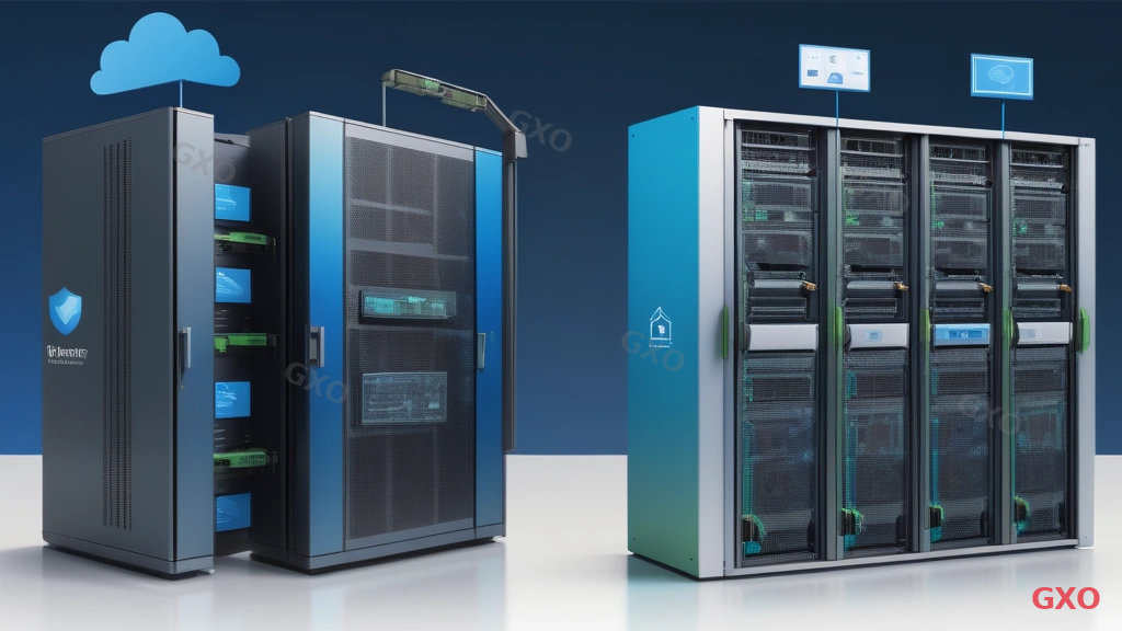 Professional infographic comparing hardware UTM and cloud UTM side by side. Left side shows a physical rack-mounted UTM appliance in an on-premises server room with direct network connections. Right side shows a cloud icon with UTM shield, connected to multiple office locations and remote workers via internet. Comparison indicators for: initial cost, scalability, maintenance responsibility, and deployment speed. Modern split-screen design with blue tones for hardware and green tones for cloud.