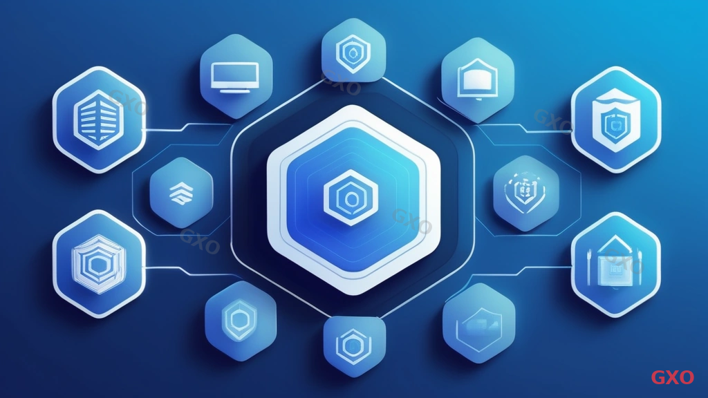 Clean modern illustration showing six security functions of UTM arranged in a hexagonal layout around a central UTM device icon. Each hexagon contains: 1) Firewall with wall icon, 2) Antivirus with shield icon, 3) IPS/IDS with radar icon, 4) Web Filtering with browser and block icon, 5) VPN with tunnel icon, 6) Anti-spam with email filter icon. Connected by lines showing integration. Blue gradient background with white icons. Professional B2B infographic style.