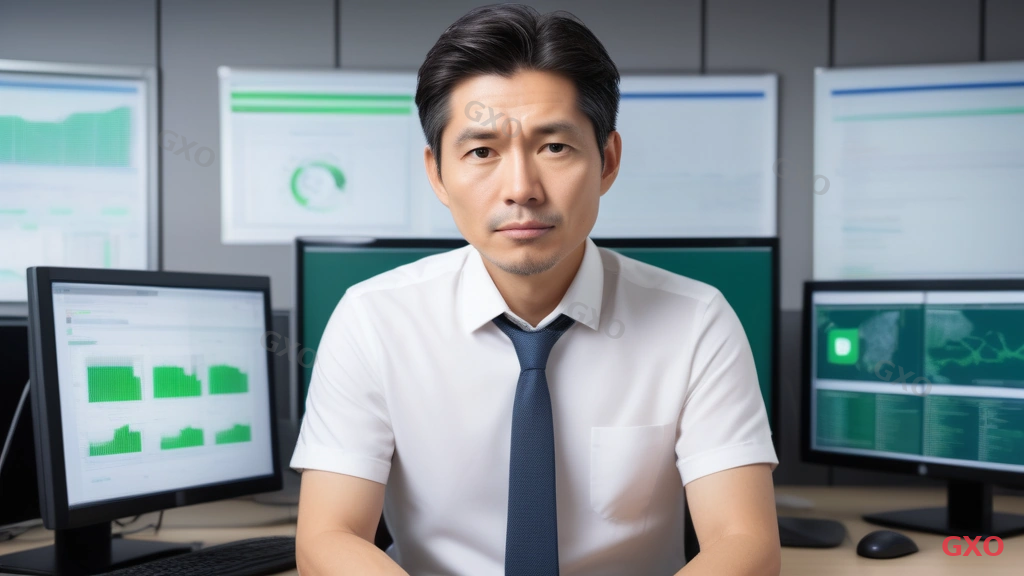 Photo-realistic image of a relieved Japanese IT manager (male, early 40s, wearing smart casual polo shirt) sitting at a clean desk with a single monitor showing a unified UTM dashboard with green status indicators. Compared to a thought bubble showing the previous chaotic state with multiple screens, alert notifications, and scattered documents. Modern Japanese office with natural lighting. Conveying the message of simplified security management and reduced operational burden.