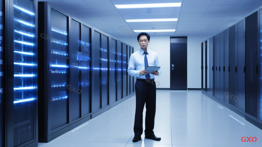 Photo-realistic image of a modern Japanese office server room with a network security appliance (UTM device) prominently displayed on a rack. A Japanese IT administrator in his 40s wearing business casual attire is checking the device status on a monitoring screen. Clean, organized cable management visible. Cool blue LED lighting from the equipment contrasts with warm overhead fluorescent lighting. Professional and secure atmosphere highlighting network protection technology.