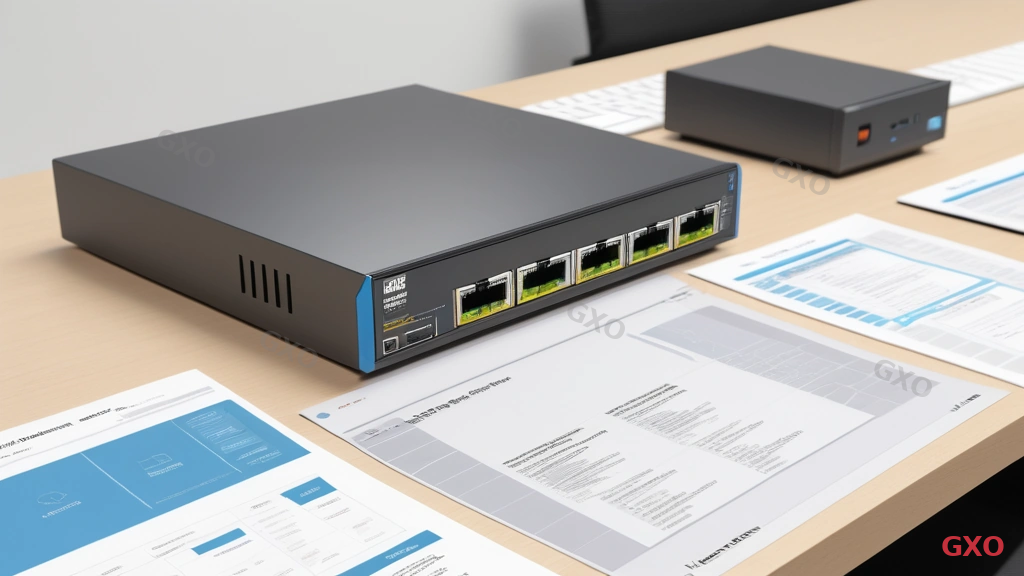 Clean modern illustration showing various network equipment arranged on a table: enterprise router, L3 switch, UTM firewall appliance, and SD-WAN edge device. Each device has a label and brief specification callout. A person's hands visible comparing specification sheets. Light professional background with subtle grid pattern. Highlighting the equipment selection process for inter-site network construction.