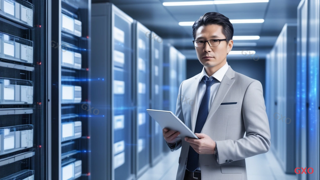 Photo-realistic image of a Japanese IT manager (male, early 40s, wearing a light gray suit) standing in a modern server room with multiple network rack cabinets. He is holding a tablet displaying a network topology diagram connecting three office locations. Blue LED lights illuminate the server racks in the background. Clean, professional atmosphere with cool blue and white tones. Highlighting enterprise inter-site network infrastructure and connectivity.