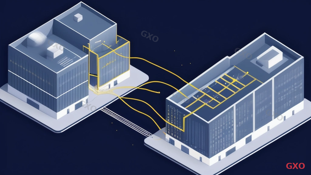 Technical diagram illustrating a dedicated leased line connection between two office buildings. Shows a direct physical cable path (highlighted in gold) connecting Building A to Building B, bypassing the public internet cloud shown in gray. Bandwidth meter showing consistent high throughput. Clean engineering blueprint style with dark blue background and white/gold lines. Highlighting exclusive bandwidth and high security of dedicated lines.