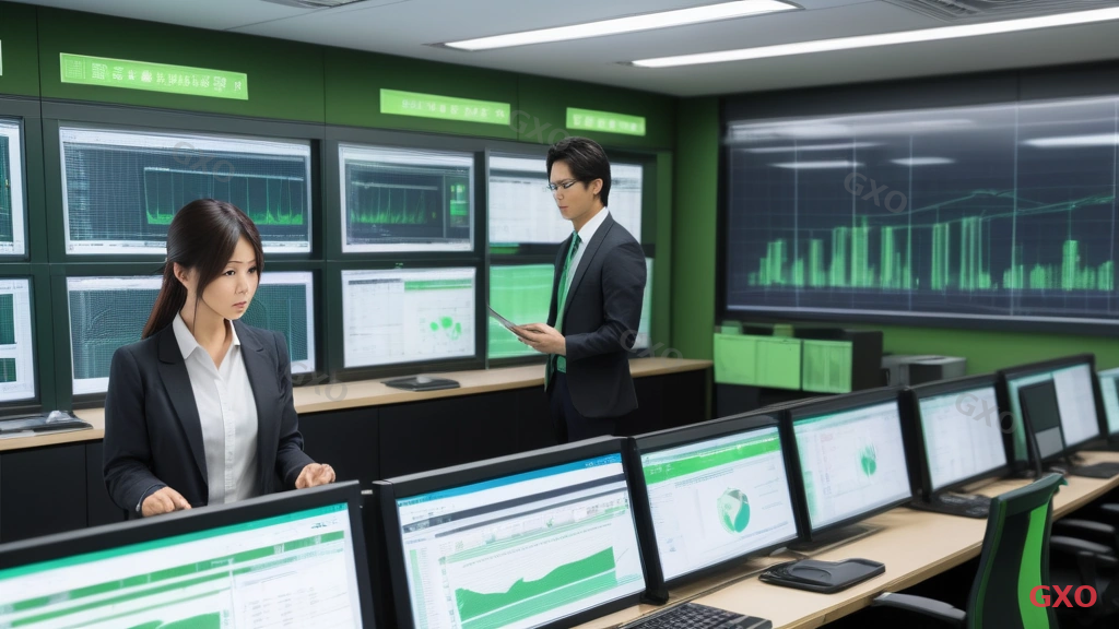 Photo-realistic image of a Japanese network operations center with a team of two IT professionals (male and female, early 30s, business casual) monitoring large wall-mounted screens showing network health dashboards with green status indicators. One person is writing a checklist on a tablet. Bright office environment with clean desks and organized cables. Highlighting ongoing operational management after redundancy deployment.