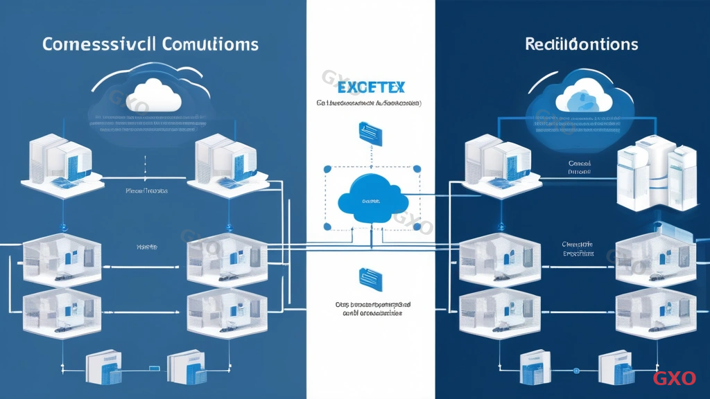 Technical diagram comparing on-premises and cloud network redundancy designs side by side. Left side shows traditional on-premises setup with physical routers and dual ISP connections. Right side shows cloud architecture with Direct Connect, VPN backup, and multiple availability zones. Connecting lines between both sides showing hybrid connectivity. Clean technical style with blue for cloud and gray for on-premises elements.