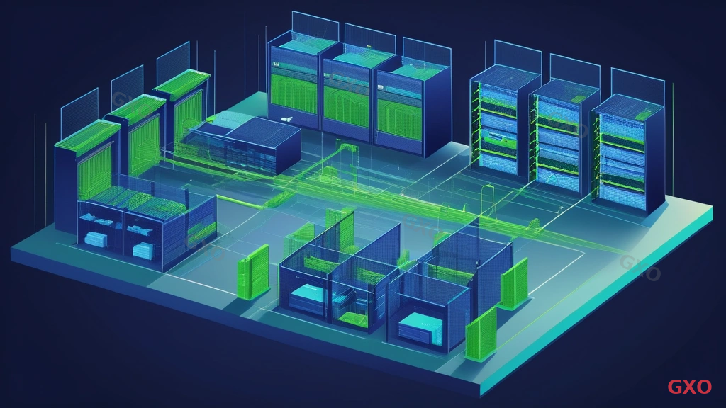 Technical diagram showing multi-carrier network architecture with two different ISP connections entering a corporate network through separate routers with BGP routing. Primary ISP line in blue, secondary ISP line in green, both connecting to a central firewall and then to internal network. Data center racks visible in background. Professional technical illustration style with clean lines and corporate color scheme.