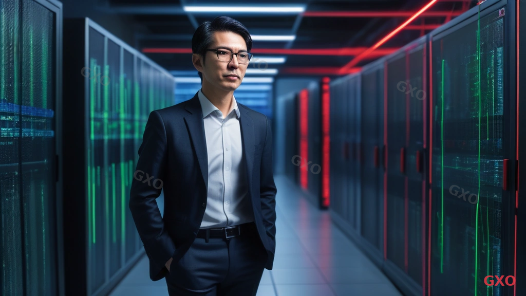Photo-realistic image of a Japanese IT manager (male, early 40s, wearing a navy suit) standing in a modern server room with blinking network equipment. He is looking at a dual-monitor setup showing network topology diagrams with redundant paths highlighted in green and red. Cool blue LED lighting from server racks, professional and technical atmosphere. Cable management visible in background. Highlighting the critical decision-making process for network redundancy planning.