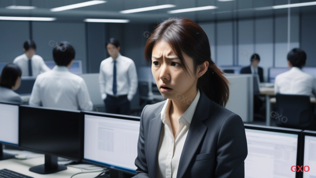 Photo-realistic image of a frustrated Japanese office worker (female, late 30s, business casual) staring at a laptop screen showing a connection error message. Other colleagues in the background also looking confused at their screens. Modern open-plan office in Tokyo, fluorescent lighting creating a tense atmosphere. A disconnected network cable visible on the desk. Highlighting the real business impact of network outage on daily operations.