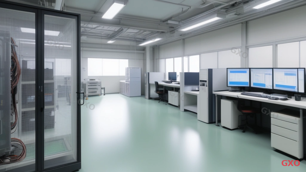 Photo-realistic image of a small Japanese manufacturing factory office area with a compact network rack in the corner. A dual-WAN router with two connected cables (fiber and LTE antenna) is visible. A factory floor is partially visible through a glass partition with automated machinery. Clean, organized workspace with natural lighting. Highlighting affordable network redundancy implementation in a small manufacturing business.