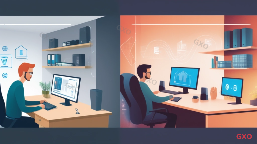 Split scene illustration showing two work environments. Left: a home office setup with a person working at a desk, WiFi router on a shelf, family members using devices in the background (showing bandwidth competition). Right: a corporate office with dedicated network infrastructure and IT support. Comparison arrows highlight the differences in network quality. Warm home lighting on left, cool office lighting on right.