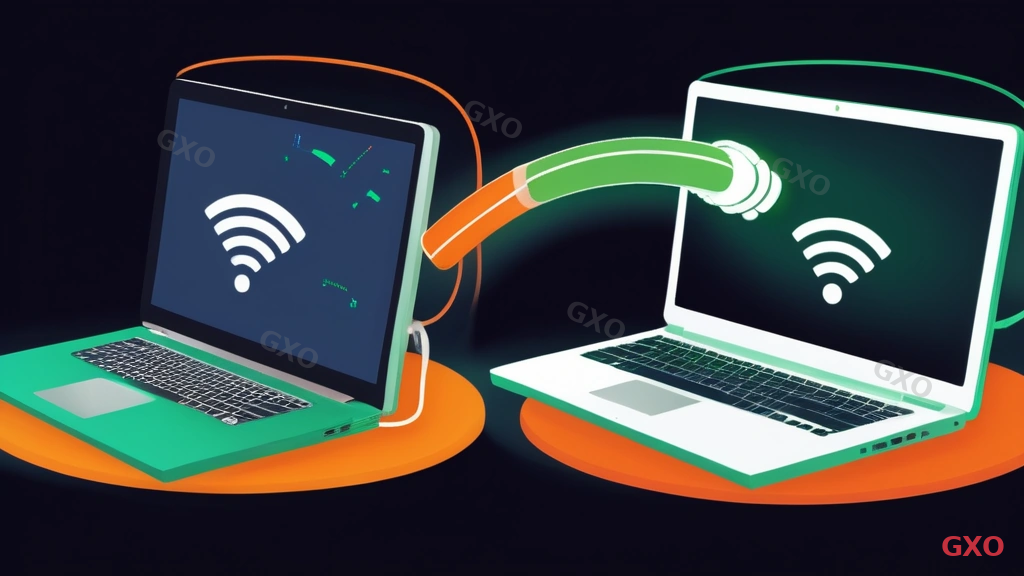 Split illustration comparing WiFi and wired Ethernet connections for VPN use. Left side shows a laptop with WiFi signal bars (some interference icons nearby - microwave, other devices). Right side shows the same laptop connected via Ethernet cable to a router, with a speed meter showing higher throughput. Clean side-by-side comparison design with green (wired, fast) and orange (WiFi, slower) color coding.