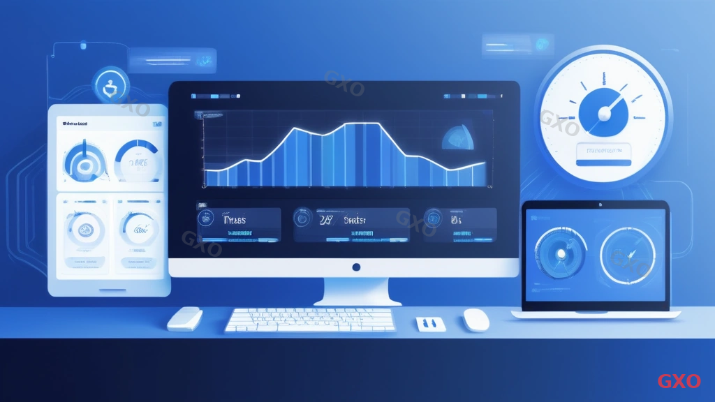 Dashboard-style illustration showing VPN speed measurement tools and metrics. A monitor displays a speed test result with download/upload speeds, latency, and jitter values. Side panels show before/after comparison charts and a checklist of measurement steps. Icons for popular speed test tools are arranged at the bottom. Clean data visualization style with blue and white tones.