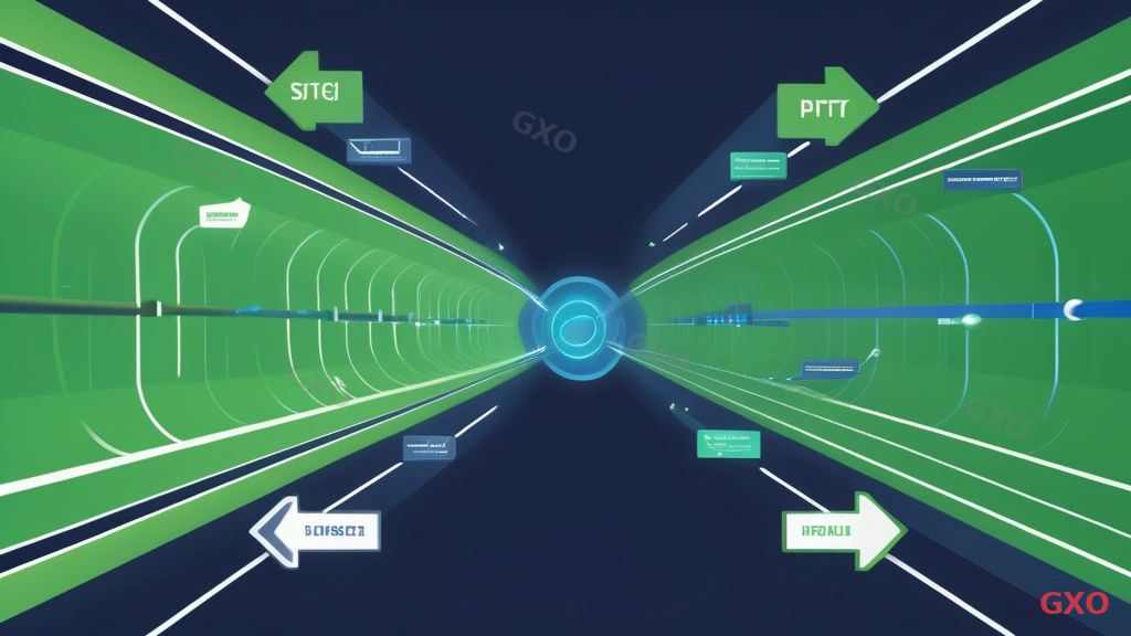 Clean modern illustration comparing full tunnel VPN and split tunneling. Left diagram shows all traffic going through VPN tunnel (labeled 'Full Tunnel' - showing congestion). Right diagram shows split paths: business traffic through VPN tunnel to corporate network, and general web traffic going directly to internet (labeled 'Split Tunnel' - showing faster flow). Green arrows for direct traffic, blue arrows for VPN traffic. Professional network diagram style.