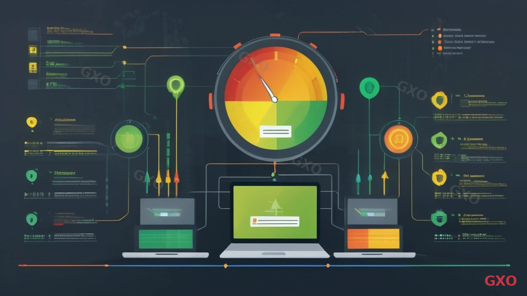 Professional infographic displaying a VPN server load visualization. Center shows a server rack with a capacity meter going from green to yellow to red. Multiple laptop icons connect to the server with arrows, showing simultaneous connections. A timeline at the bottom shows peak usage hours (9AM, 1PM, 5PM). Business-appropriate color scheme with blue, orange, and gray tones.