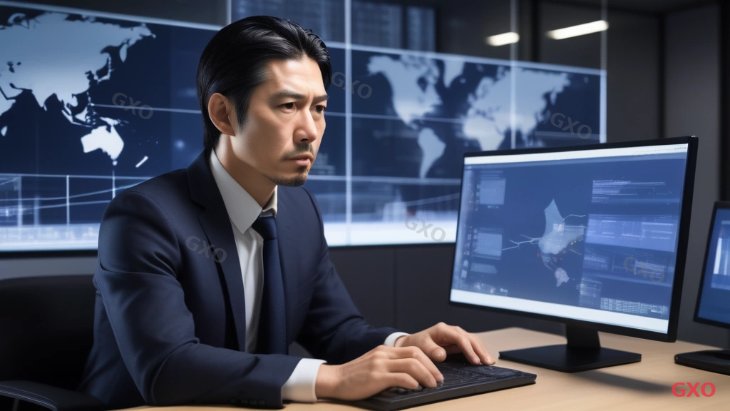 Photo-realistic image of a Japanese IT manager (male, early 40s, wearing a dark navy suit) sitting at a modern office desk in Tokyo, looking frustrated at a laptop screen showing a slow loading progress bar. A network diagram with VPN tunnel icons is visible on a second monitor. Clean modern Japanese office with warm LED lighting, glass partitions in the background. The scene conveys the common business frustration of slow VPN connections during remote work.