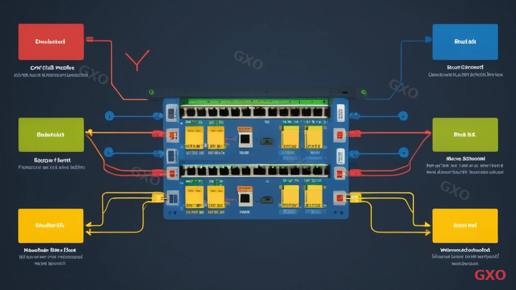 Technical diagram showing the rear panel of FortiGate 80F with labeled ports. 8 GE RJ45 ports in a row (color-coded: 2 WAN in blue, 1 DMZ in yellow, 1 HA in red, 4 internal in green), 2 SFP shared media slots highlighted with orange outline, 1 USB port, 1 console port, and power connector. Each port labeled with its function. Clean technical blueprint style on dark background with white and colored labels.