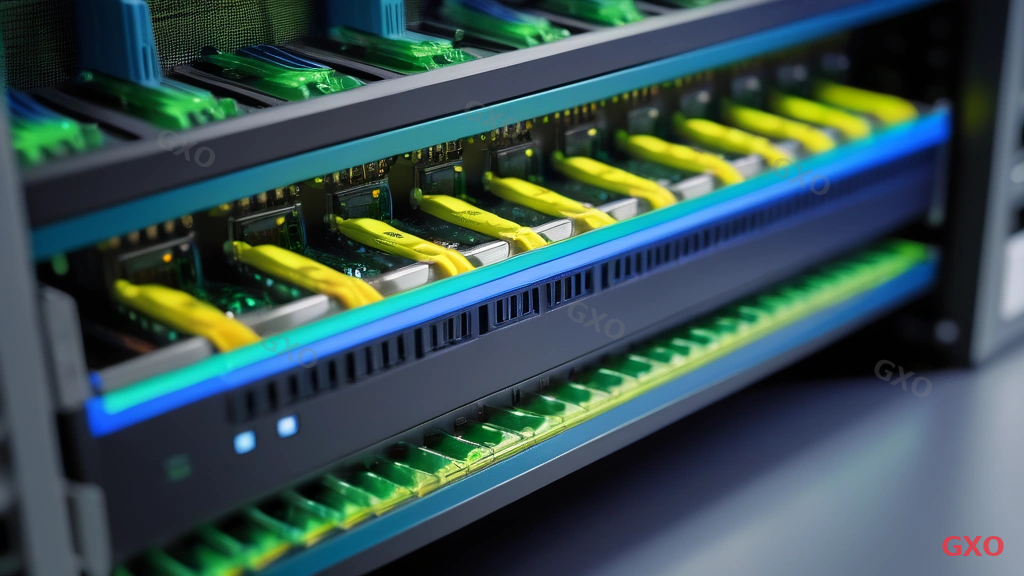 Photo-realistic image of a compact desktop firewall appliance (FortiGate 80F) placed on a server rack shelf in a modern Japanese office server room. The device has visible RJ45 and SFP ports with green LED indicators. Background shows neatly organized network cables in blue and yellow, a 19-inch rack with other networking equipment, and cool blue ambient lighting. Clean, professional IT infrastructure atmosphere highlighting enterprise-grade network security.