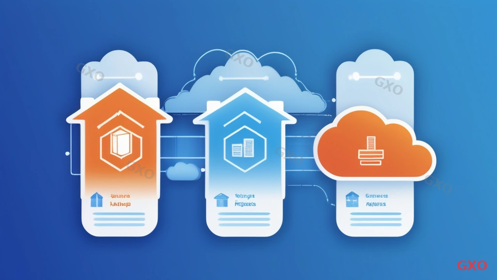 Technical diagram illustrating three cloud migration patterns from on-premises servers. Left shows IaaS migration (lift and shift) with server icon moving to cloud, center shows SaaS adoption with application icons, right shows hybrid cloud with split architecture. Arrows showing data flow between on-premises and cloud environments. Modern tech illustration style with AWS/Azure/GCP-neutral cloud icons. Blue gradient background with white and orange accent elements.
