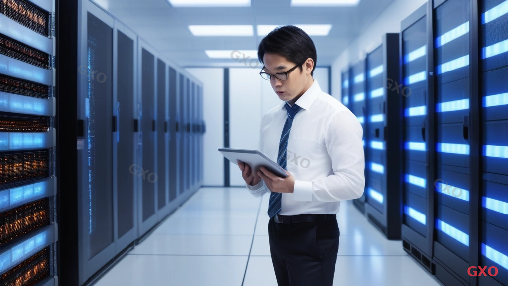 Photo-realistic image of a modern Japanese server room with rows of enterprise rack servers, some showing amber warning indicator lights. A Japanese IT manager (male, early 40s, wearing a white dress shirt with rolled-up sleeves) standing in the aisle examining a tablet device with a concerned expression. Cool blue LED lighting from the racks contrasts with warm amber warning lights. Professional data center environment with raised floor and cable management. Conveying the urgency of server end-of-life maintenance decisions.