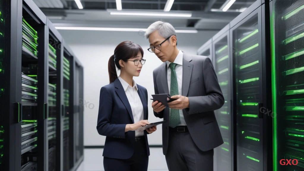 Photo-realistic image of two Japanese IT professionals (male in his 50s wearing glasses and gray suit, female in her 30s in navy blazer) inspecting a newly installed rack server in a clean, modern server room. The new server has green status LEDs all lit. Old server being wheeled out on a cart in the background. Bright overhead lighting, professional and optimistic atmosphere suggesting successful hardware refresh. Cable management is neat and organized.