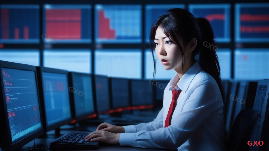 Photo-realistic image of a stressed Japanese IT administrator (female, mid-30s, wearing business casual) staring at a server monitoring screen showing red error alerts and system down warnings in a dimly lit server room. Multiple screens in the background showing flat-lined system graphs. Warm emergency lighting mixed with cold blue from monitors. Empty phone on desk suggesting inability to reach manufacturer support. Conveying urgency and helplessness during a critical system outage.