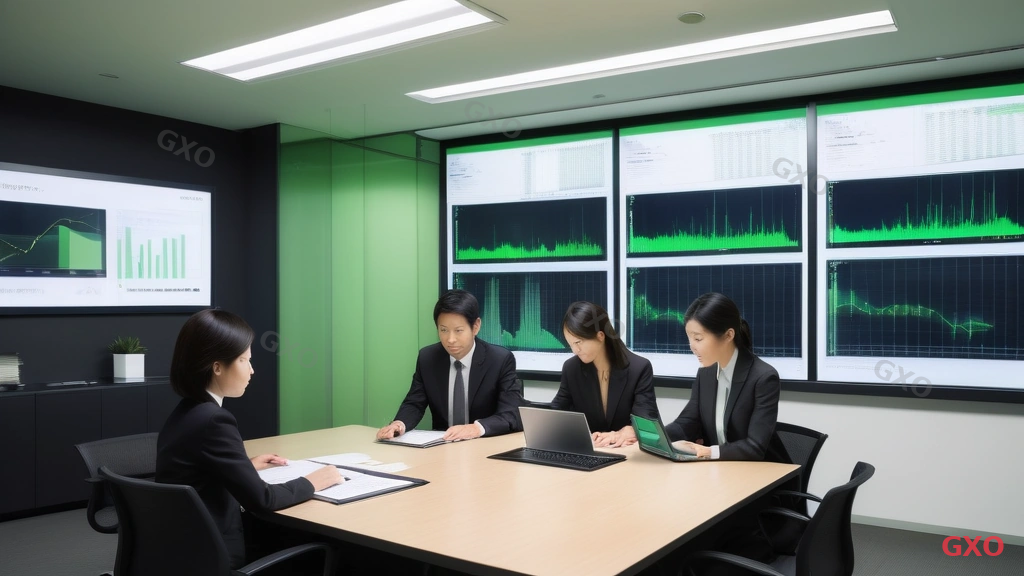 Photo-realistic image of a modern Japanese office meeting room where a small team (3 people: one senior male executive in dark suit, one female IT manager in business attire, one male engineer in smart casual) is reviewing a successful server migration report on a large wall-mounted display showing green status indicators and improved performance metrics. Conference table with laptops and documents. Natural window lighting, optimistic and accomplished atmosphere. Clean modern office interior design.