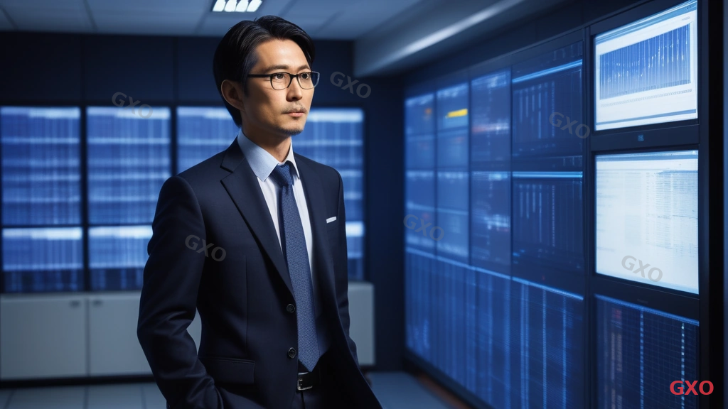 Photo-realistic image of a Japanese IT manager (male, early 40s, wearing a dark navy suit) standing in a modern Tokyo office server room, reviewing network infrastructure on a large wall-mounted monitor displaying bandwidth graphs and IP address management dashboard. Server racks with blinking LED lights in the background. Cool blue ambient lighting mixed with warm overhead lights. Clean, professional atmosphere emphasizing reliable corporate network infrastructure and informed decision-making.
