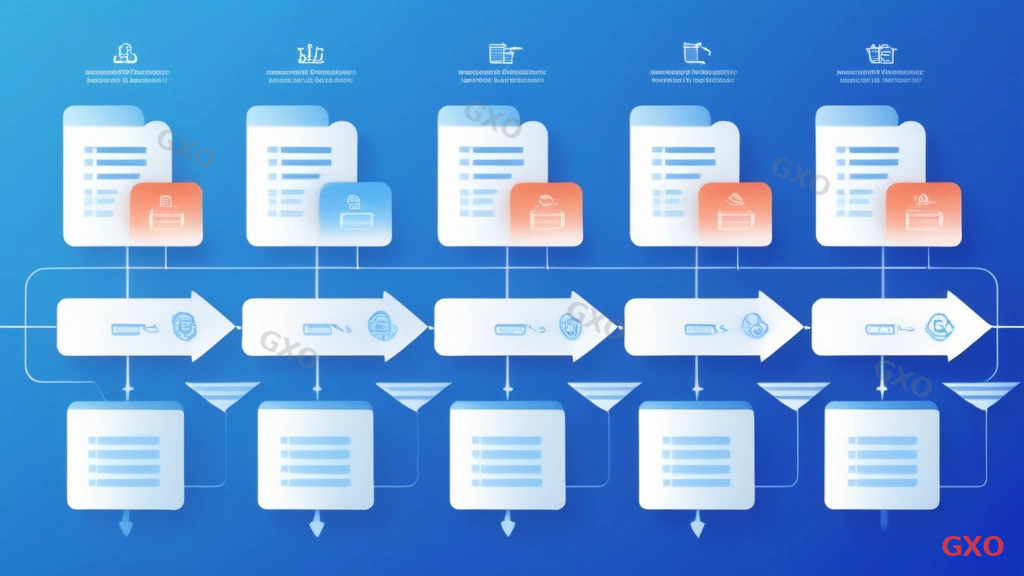 Clean step-by-step flowchart illustration showing ISP migration process for corporations. Six sequential steps connected by arrows: 1) Current contract review (document icon), 2) New ISP selection and contract (handshake icon), 3) Parallel operation period setup (two parallel lines icon), 4) DNS and IP configuration changes (settings gear icon), 5) Testing and verification (checkmark icon), 6) Old contract termination (scissors icon). Timeline bar at bottom showing 1-3 month typical duration. Blue gradient background with white step cards.