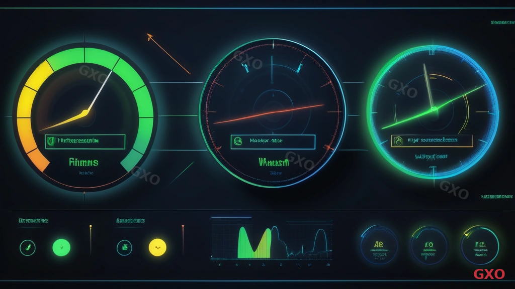 Technical diagram showing four key network performance metrics with visual gauges. Latency shown as a clock icon with millisecond readings, Packet Loss as a percentage bar, Jitter as a waveform graph, and Throughput as a data flow meter. Each metric has a green (good), yellow (caution), and red (poor) zone. Dark background with neon blue and green data visualization elements, modern dashboard style.