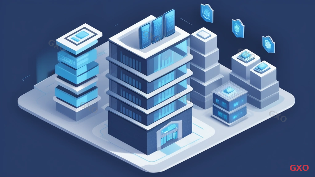 Clean modern illustration showing layers of ISP security options for corporate networks. A vertical stack of security layers: DDoS protection (shield icon) at the top, Firewall (brick wall icon) in the middle, UTM unified threat management (gear with shield) below, and IP-based access control (lock with network nodes) at the bottom. Each layer has a brief label. Corporate building on the left side, internet cloud on the right side. Blue and gray professional color scheme.