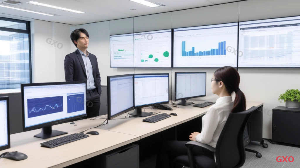 Photo-realistic image of a medium-sized Japanese company's IT department (2 team members, one male in business casual checking a network monitoring screen, one female typing on laptop). Modern open office environment with clean desks. The wall monitor displays before/after network performance graphs showing improved latency and throughput after IPoE migration. Warm office lighting, productive and satisfied atmosphere, highlighting successful network improvement results.