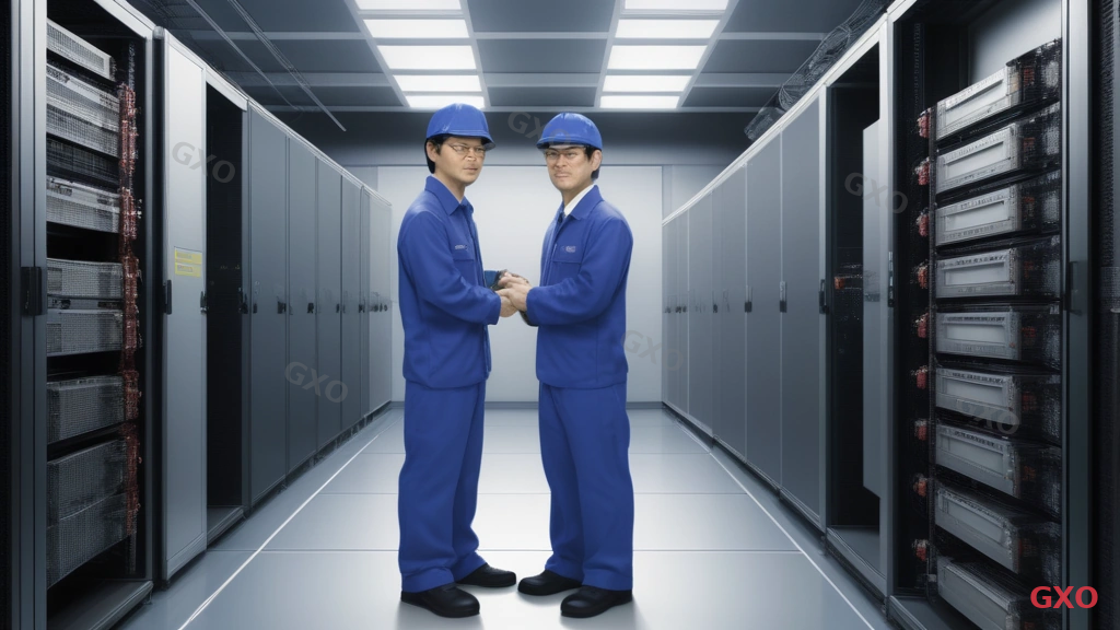 Photo-realistic image of a Japanese automotive parts manufacturing facility server room being upgraded, showing old server rack being decommissioned alongside new modern server equipment, two Japanese IT engineers in their 30s-40s wearing company uniforms carefully managing the migration, before-and-after visual split, clean industrial environment with organized cabling, warm professional lighting