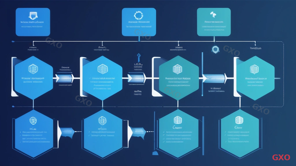 Clean process flow diagram showing manufacturing server construction project phases from requirements definition through design, procurement, installation, testing, migration, to production launch, each phase in a connected arrow shape with key deliverables listed below, timeline indicator showing typical duration for each phase, professional project management visual style with blue gradient