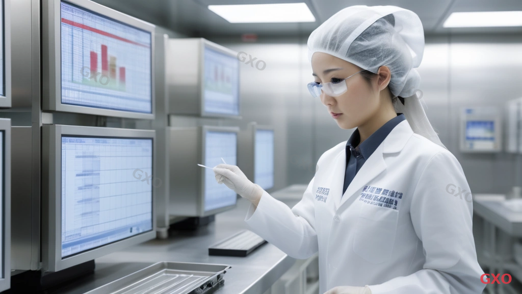 Photo-realistic image of a Japanese food manufacturing plant quality control room, showing server integration for quality management system, clean room environment with stainless steel surfaces, a female quality control manager in her 30s wearing white coat and hair net reviewing data on a large monitoring screen, temperature and humidity sensors visible, bright sterile lighting emphasizing hygiene and precision