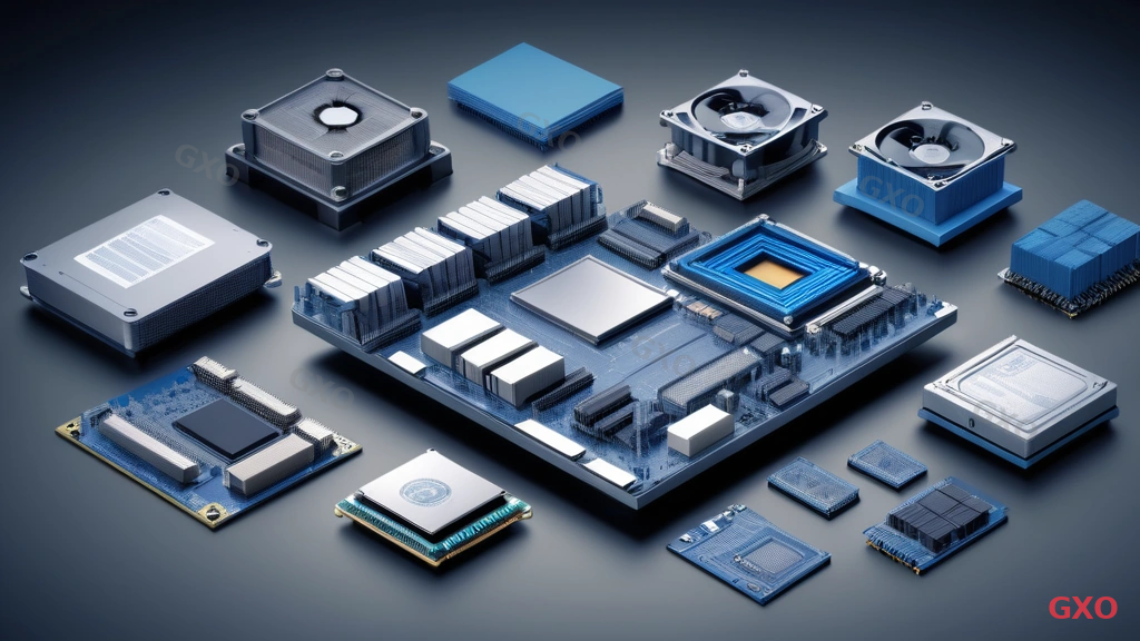 Clean technical illustration showing server hardware components for manufacturing use, CPU processor chip, RAM memory modules, SSD and HDD storage drives arranged in an exploded view diagram, specification comparison table overlay, industrial grade components highlighted with durability indicators, neutral gray and blue technical drawing style