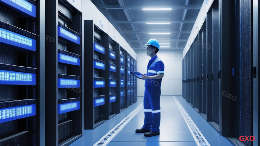 Photo-realistic image of a modern Japanese manufacturing factory server room, showing rows of server racks with blue LED lights, a Japanese male engineer in his 40s wearing a hard hat and safety vest inspecting server equipment, industrial cables and network switches visible, clean and organized environment with concrete floors and metal shelving, cool blue and white lighting, conveying reliability and high availability in an industrial setting