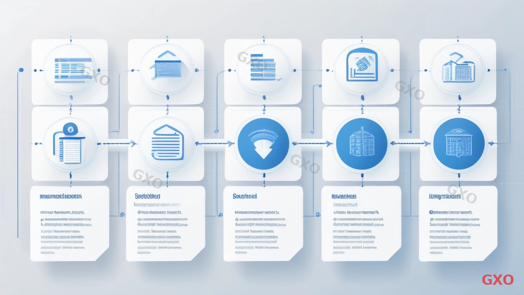 Clean modern illustration showing a flowchart of server construction outsourcing process. Starting from 'Requirements Definition' on the left, flowing through 'Vendor Selection', 'Contract', 'Design & Build', 'Testing', 'Migration', and ending at 'Operation & Maintenance' on the right. Each step is represented by a distinct icon in a blue and white color scheme. Arrows connect each step clearly. Background is light gray with subtle grid lines, giving a professional business presentation feel.