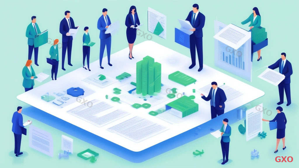 Clean modern illustration of a requirements definition document being assembled. A large document page in the center with sections labeled 'Functional Requirements' and 'Non-Functional Requirements'. Around it, puzzle pieces are being placed by business people figures, each piece representing different requirement categories: performance, security, availability, scalability. Soft blue and green colors with white background, collaborative business atmosphere.