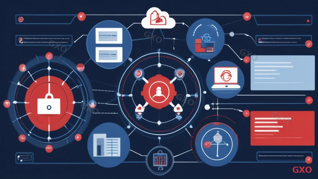 Technical diagram illustrating security and maintenance evaluation framework for server outsourcing. Central shield icon surrounded by four quadrants: Access Control (key icon), Incident Response Flow (emergency siren icon), Backup System (cloud storage icon), and Monitoring Coverage (dashboard with graphs icon). Connecting lines show how each area relates to the overall security posture. Dark blue and white color scheme with red accent for critical items.