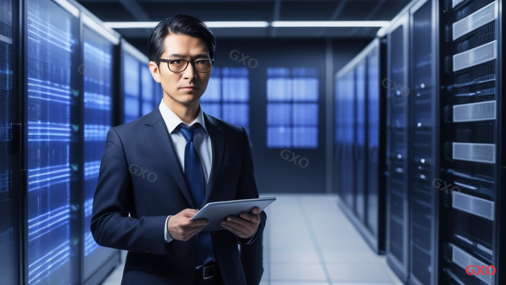 Photo-realistic image of a Japanese IT manager (male, early 40s, wearing a dark navy suit) standing in a modern server room with rows of rack-mounted servers behind him. He is holding a tablet showing a project timeline and checklist. Cool blue LED lighting from the server racks illuminates the scene. A second person (female engineer, late 30s, wearing a smart business casual outfit) is inspecting network cables nearby. Professional, organized atmosphere highlighting the complexity of server infrastructure and the importance of careful outsourcing decisions.