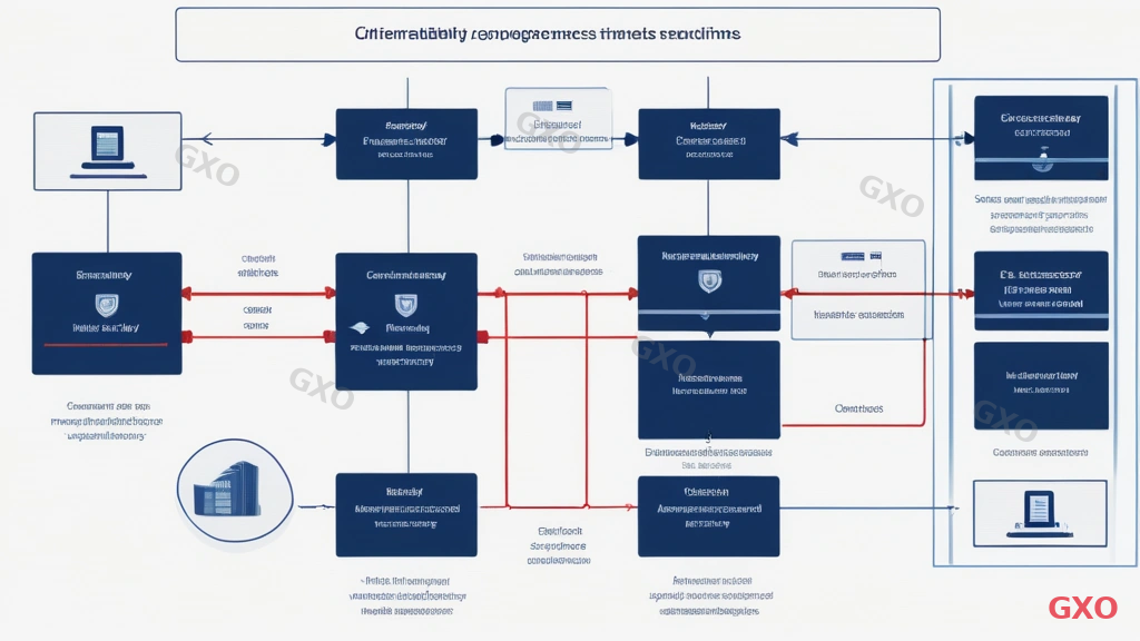 Technical diagram showing the division of security responsibilities between the outsourcing client and the vendor. A horizontal line divides the image into two zones: 'Client Responsibility' on top and 'Vendor Responsibility' on bottom. Shared responsibilities are shown in the overlapping middle zone. Specific items listed in each zone include data classification, access policy, security monitoring, patch management, and incident response. Shield icons and lock icons emphasize security. Navy blue and white color scheme with red highlights for critical responsibilities.