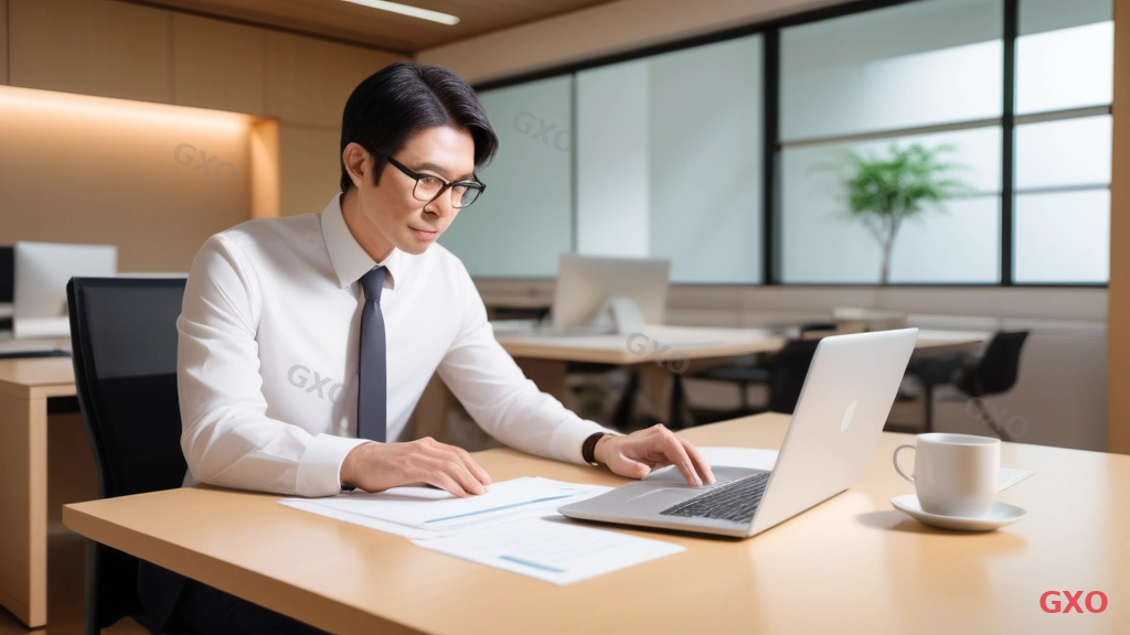 Clean modern illustration of an RFP (Request for Proposal) document template being created on a laptop screen. The document shows clearly labeled sections: Project Overview, Technical Requirements, Budget Range, Timeline, Evaluation Criteria, and Terms. A Japanese business person (male, mid-40s, glasses, white dress shirt) is typing at the laptop. Sticky notes and reference documents are arranged neatly beside the laptop. Warm natural lighting in a modern Japanese office. Professional and organized atmosphere.