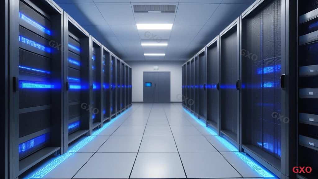 Photo-realistic image of a modern server room in a Japanese office building, showing neatly organized 42U server racks with blue LED lights, raised floor tiles, precision cooling units on both sides, cable management trays overhead with labeled Cat6A cables. A Japanese IT manager (male, early 40s, wearing business casual) inspects a rack-mounted environmental monitoring panel showing temperature 22C and humidity 48%. Clean bright lighting, cool blue-gray color palette, professional and organized atmosphere emphasizing safety and compliance.