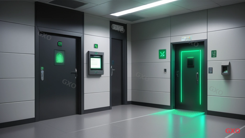 Photo-realistic image of a server room entrance with multi-layer security. Heavy steel door with IC card reader panel on the right wall, biometric fingerprint scanner below it, and a dome surveillance camera mounted above the door frame. Digital access log display showing entry records with timestamps. LED status indicator showing green for authorized access. Clean modern corridor with anti-static flooring. Professional security-focused lighting with cool white tones.
