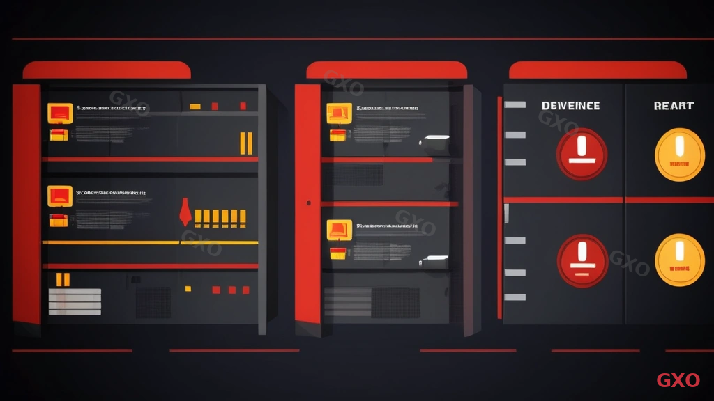 Professional infographic displaying three risk categories for server room failures: system downtime (showing server with red warning icon), data loss (showing broken hard drive with exclamation mark), and legal violations (showing gavel and compliance document). Each category has severity meter from low to critical. Dark background with red, orange, and yellow accent colors. Clean corporate design style.
