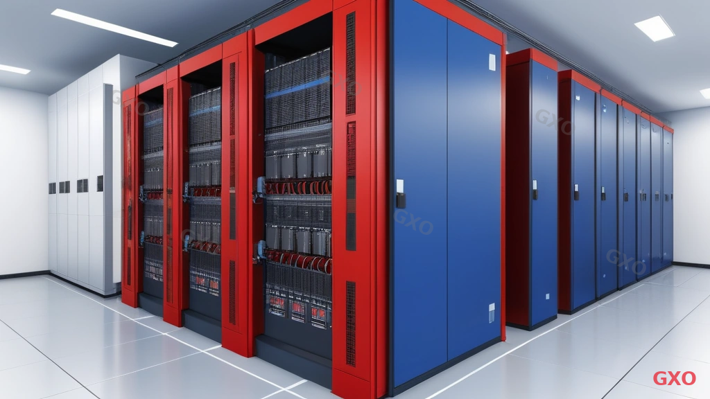 Technical diagram showing server room power distribution architecture. Main power feed from building electrical panel through automatic transfer switch to server room sub-panel. Branch circuits feeding individual server racks with power distribution units (PDUs). Calculations shown: total rack power consumption formula, circuit capacity 80% rule, redundant power path diagram. Color coded: red for primary power, blue for backup UPS power. Engineering blueprint style with white background.
