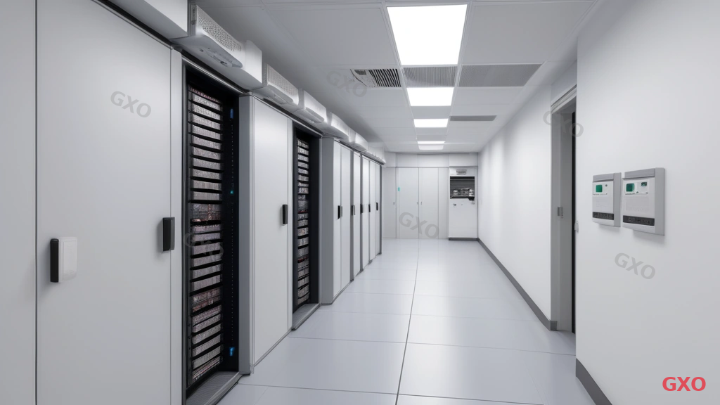 Photo-realistic image of a compact server room (approximately 15-20 square meters) in a small Japanese office building. Two 42U server racks with proper cable management, a wall-mounted precision air conditioning unit, small UPS unit on the floor beside the rack, IC card reader on the door, and environmental monitoring display on the wall showing temperature and humidity readings. Neat and efficient use of limited space. Natural office lighting supplemented by overhead LED panels. Warm but professional atmosphere showing practical small-business IT infrastructure.